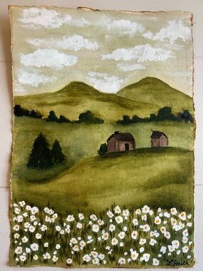 Original Green Floral Landscape Painting with Daisies